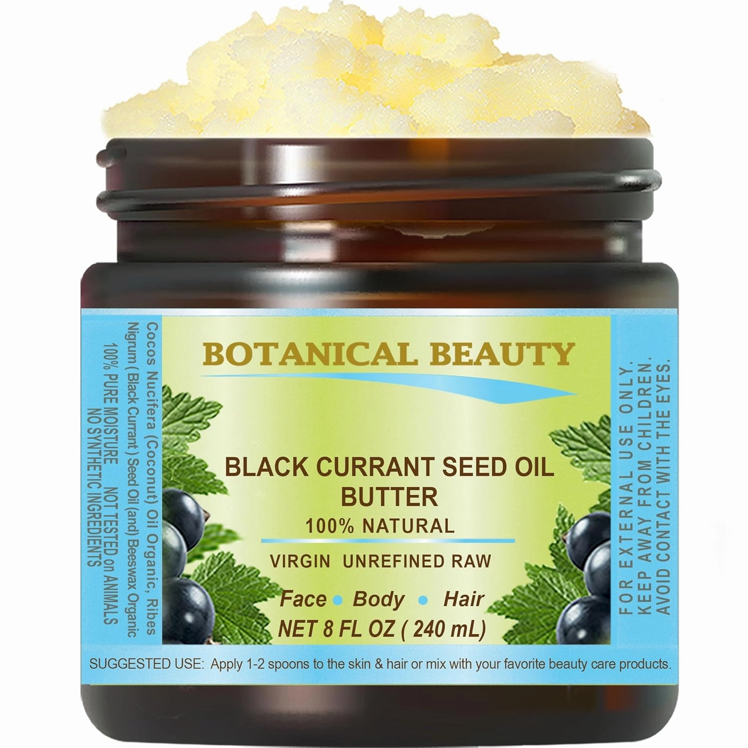 Botanical Beauty BLACK CURRANT SEED OIL BUTTER 100% Pure Natural VIRGIN UNREFINED Cold-Pressed 8 Fl oz 240 ml for Face, Skin, Body, Hair, Lip, Nails. Rich in Gamma-Linolenic Acid, Vitamin E