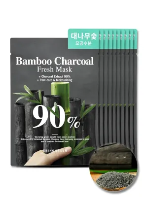 BRING GREEN BAMBOO CHARCOAL 90% Fresh Mask(10 Count) | Daily Skincare Facial Sheet Mask for Exfoliating, Pore Clarifying, and Moisturizing | Bamboo Complex for All Skin Types
