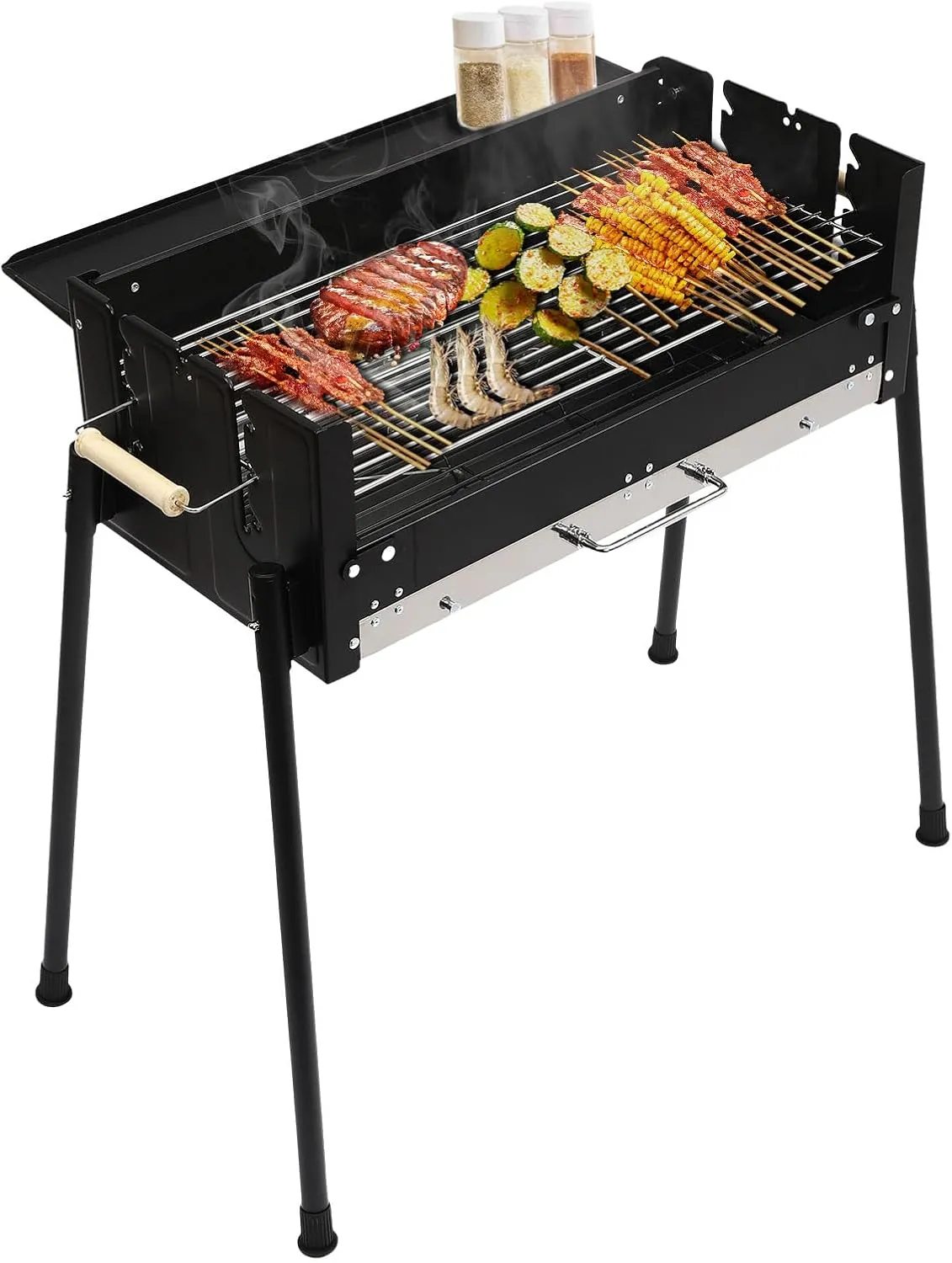 Camping Kitchen Station, Folding Grill Table Barbecue Charcoal Grill Stainless Steel Portable BBQ Tool Kits, Adjustable Height Camp Cook Outdoor Prep Station Backyard BBQ Picnic