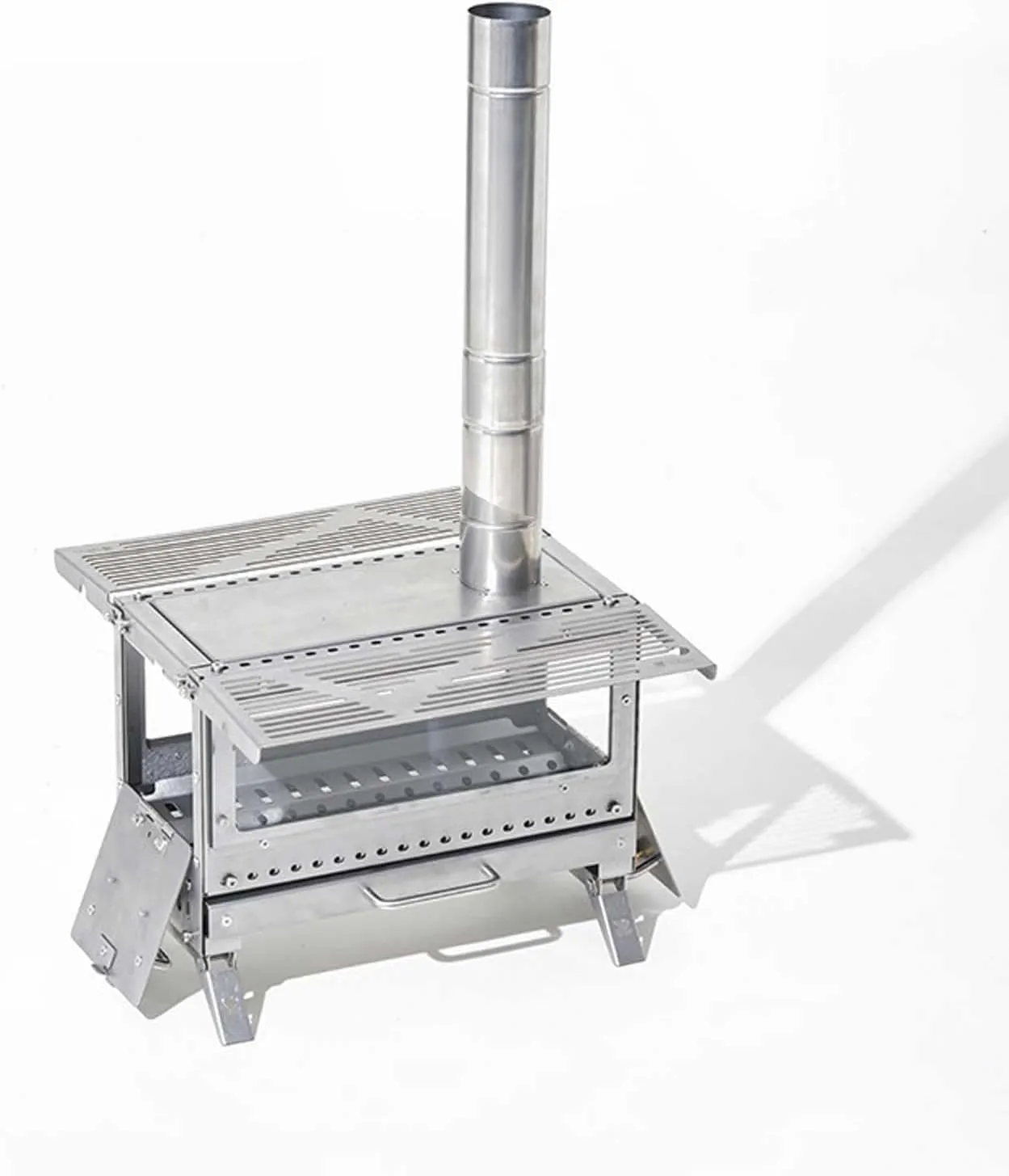Camping Wood Stove, Stainless Steel Portable Foldable Burning Stove with Side Panels and Fire Viewing Glass, for Outdoor Heating & Cooking, Ice Fishing
