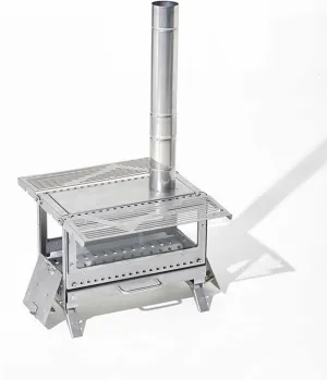 Camping Wood Stove, Stainless Steel Portable Foldable Burning Stove with Side Panels and Fire Viewing Glass, for Outdoor Heating & Cooking, Ice Fishing