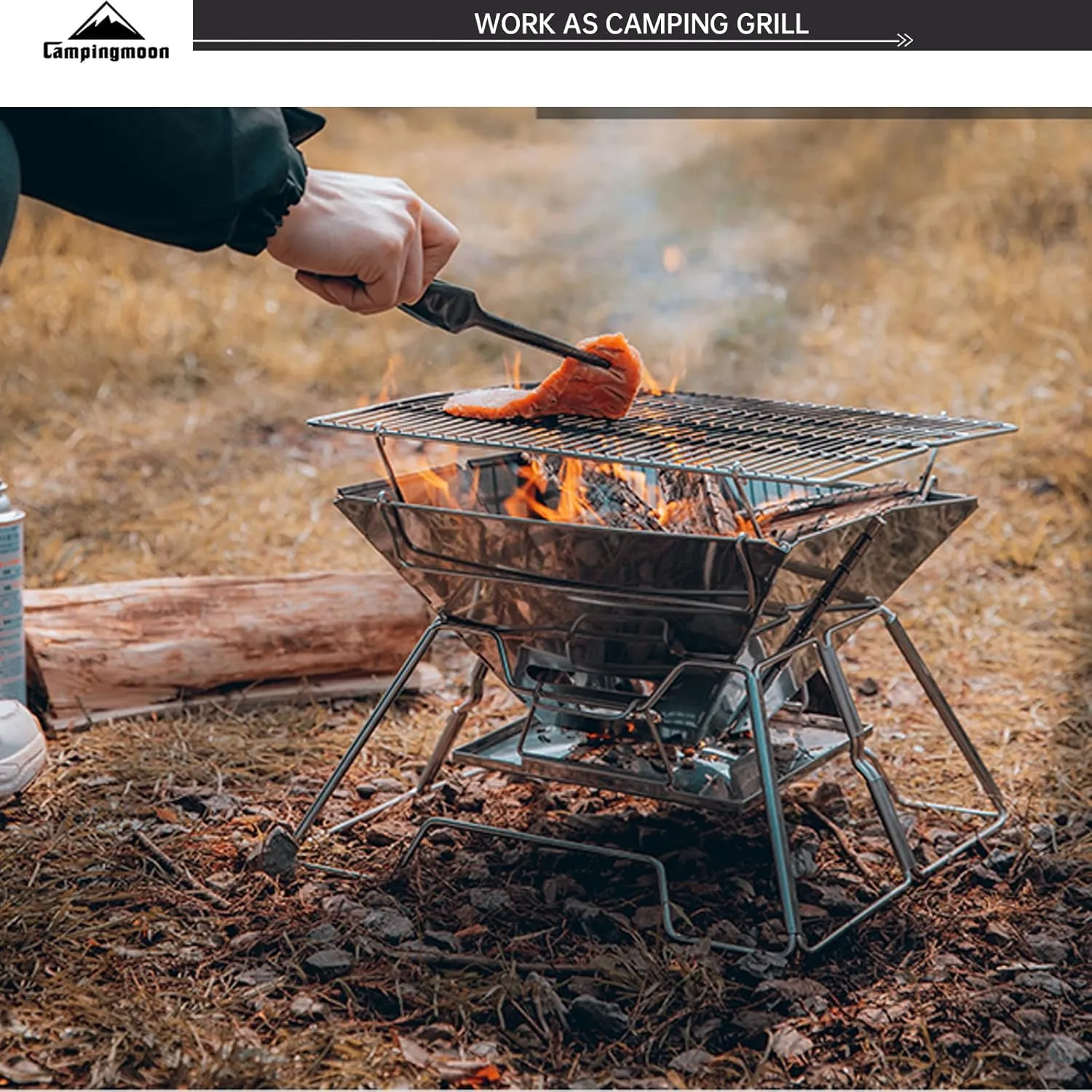Campingmoon Portable Camping Fire Pit Foldable Stainless Steel Camping Grill Wood Burning Charcoal Grill for Outdoor Garden Picnic 3-4 People