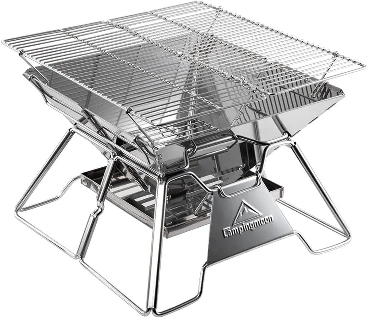 Campingmoon Portable Camping Fire Pit Foldable Stainless Steel Camping Grill Wood Burning Charcoal Grill for Outdoor Garden Picnic 3-4 People