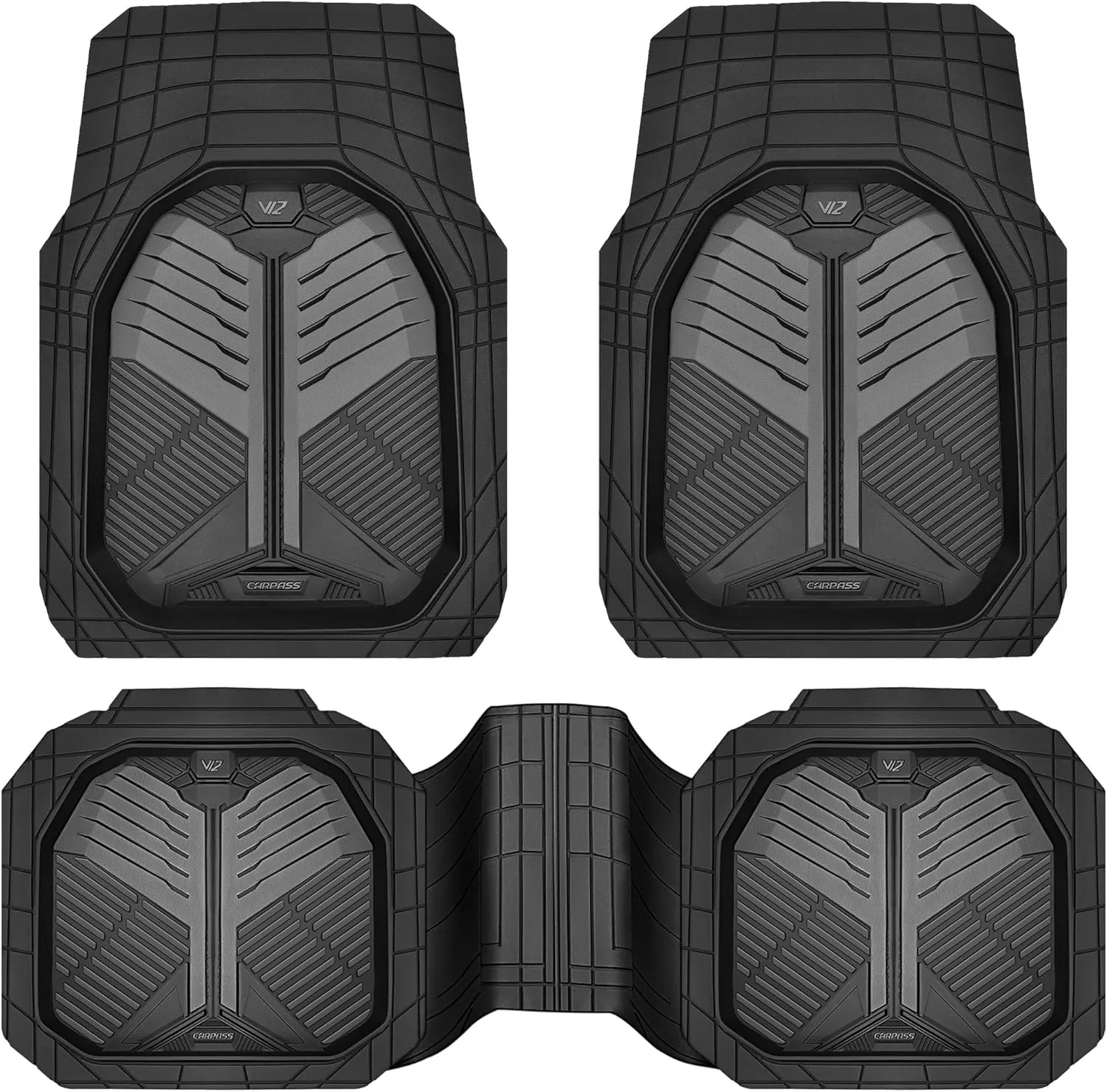 CAR PASS Heavy Duty Rubber Car Mats, Deep-Dish Car Floor Mats All Weather, Universal Two-Tone Trim-to-Fit for SUVs Trucks Sedans, Waterproof Anti-Slip, 3 Pieces V12 Black and Charcoal