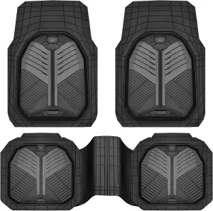 CAR PASS Heavy Duty Rubber Car Mats, Deep-Dish Car Floor Mats All Weather, Universal Two-Tone Trim-to-Fit for SUVs Trucks Sedans, Waterproof Anti-Slip, 3 Pieces V12 Black and Charcoal