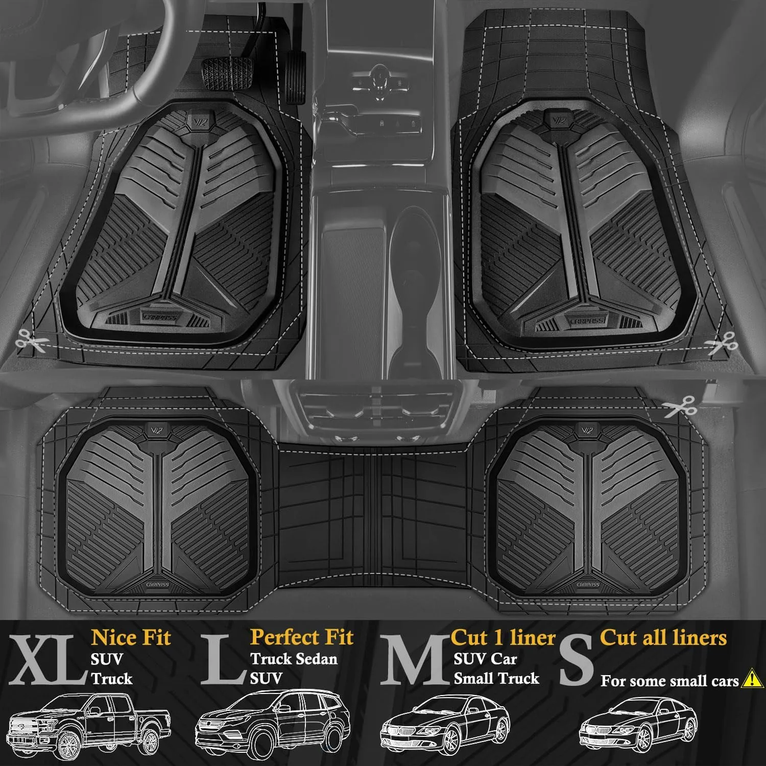 CAR PASS Heavy Duty Rubber Car Mats, Deep-Dish Car Floor Mats All Weather, Universal Two-Tone Trim-to-Fit for SUVs Trucks Sedans, Waterproof Anti-Slip, 3 Pieces V12 Black and Charcoal