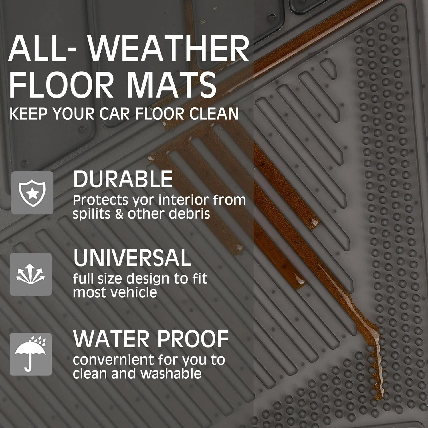 CAR PASS Heavy Duty Rubber Floor Mats Translucence Charcoal 4-Piece Car Mats Set - Universal Waterproof mats for SUV,Truck,Sedan,coupes Trim-to-fit, Durable All-Weather Anthracite Charcoal Black