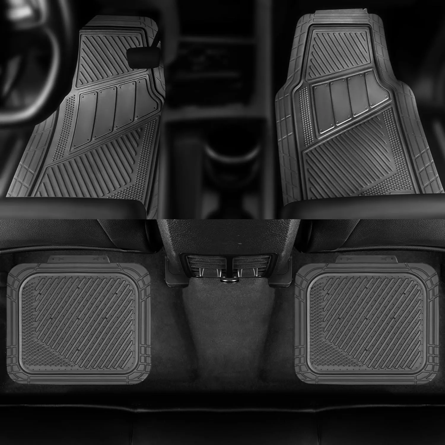 CAR PASS Heavy Duty Rubber Floor Mats Translucence Charcoal 4-Piece Car Mats Set - Universal Waterproof mats for SUV,Truck,Sedan,coupes Trim-to-fit, Durable All-Weather Anthracite Charcoal Black