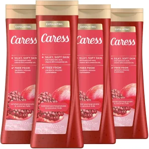 Caress Body Wash for Women, Tahitian Pomegranate & Coconut Milk, Exfoliating Shower Gel for Renewed, Glowing Skin, 20 fl oz, 4 Pack
