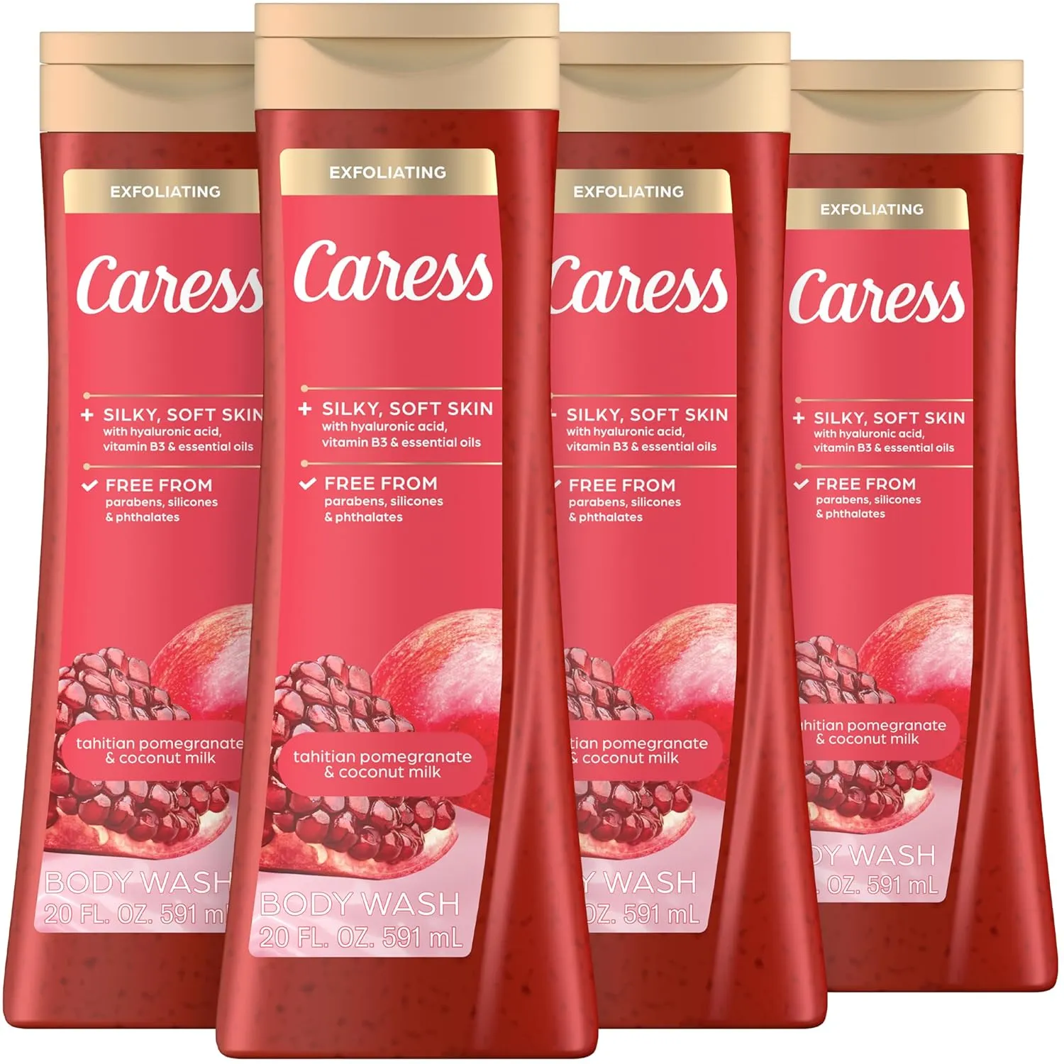 Caress Body Wash for Women, Tahitian Pomegranate & Coconut Milk, Exfoliating Shower Gel for Renewed, Glowing Skin, 20 fl oz, 4 Pack