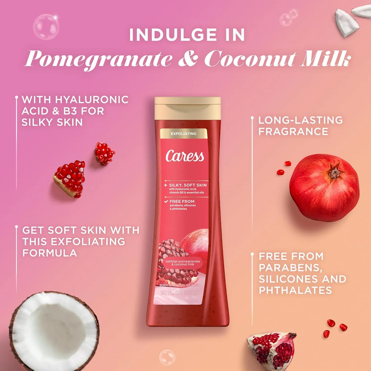 Caress Body Wash for Women, Tahitian Pomegranate & Coconut Milk, Exfoliating Shower Gel for Renewed, Glowing Skin, 20 fl oz, 4 Pack