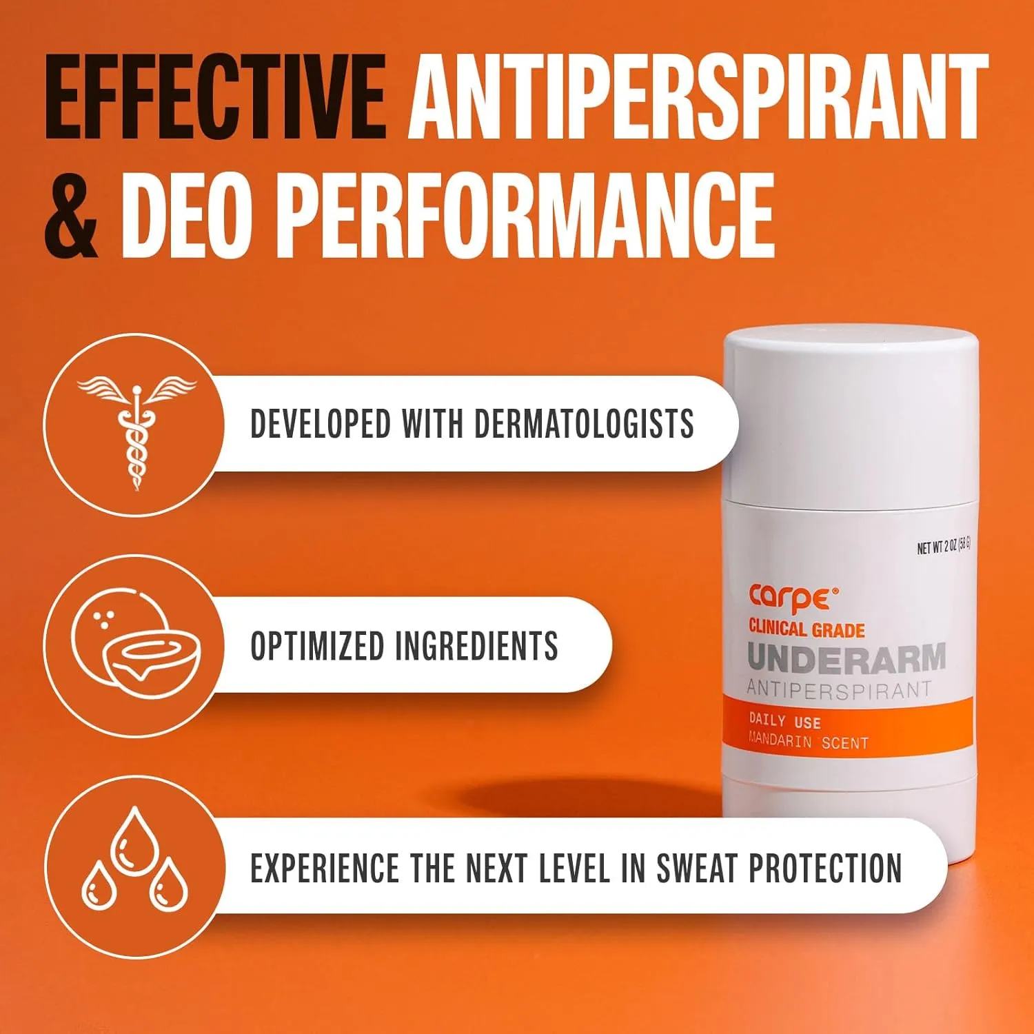 Carpe Clinical Strength Deodorant   Antiperspirant - Clinical Grade Solid Stick - Combat Excessive Underarm Sweating   Hyperhidrosis (Mandarin Scent)