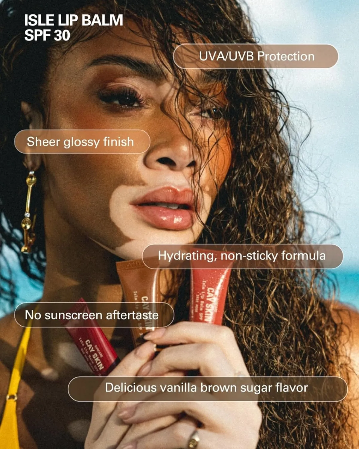 Cay Skin Isle Lip Balm SPF 30 – High Shine, Hydrating, Non-Sticky Lip Gloss in Vanilla Brown Sugar Flavor – Formulated with Natural Ingredients for All Skin Tones – Nude Ting