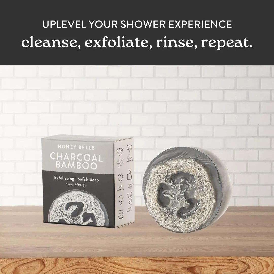 Charcoal Bamboo Exfoliating Loofah Soap 2-Pack - Exfoliating Bar Soap with Loofah Inside - Cleansing, Moisturizing, Nourishing, Scrubby Soap - Plant-Based, Eco-Friendly, Vegan