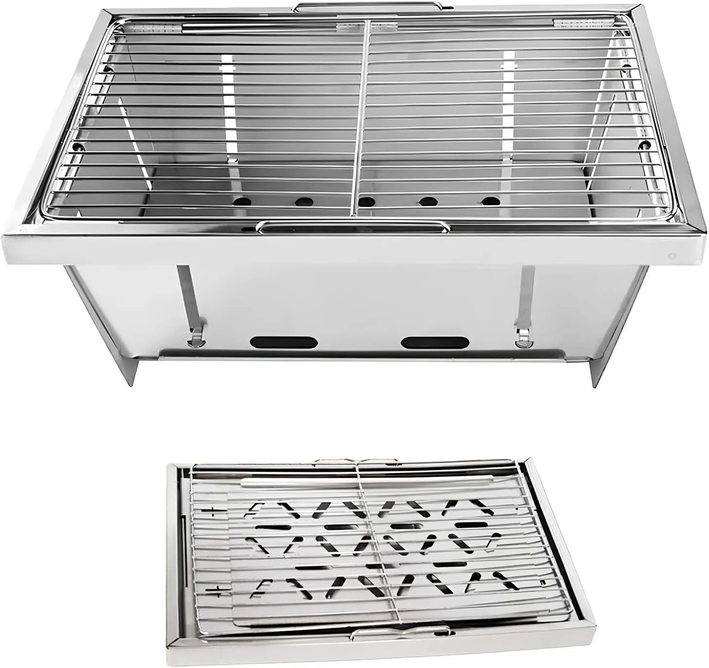 Charcoal Grill Stainless Steel, Folding Charcoal BBQ Grill, Silver Barbecue Grills for Outdoor Camping, 2-4 People Use, Charcoal Grill Outdoor for Camping Picnic Hiking Party