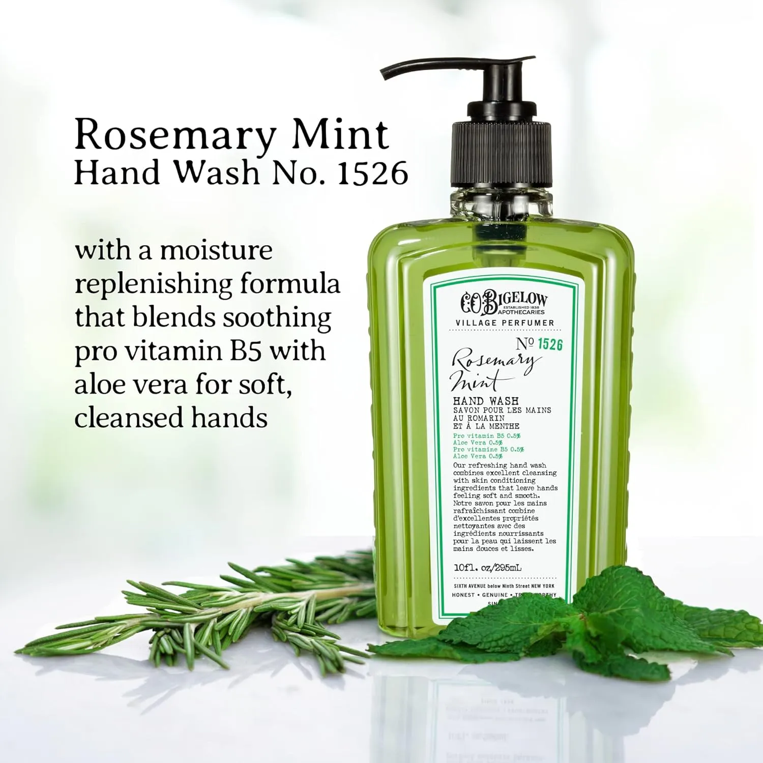 C.O. Bigelow Hand Wash Rosemary Mint, Village Perfumer Moisturizing Hand Soap for Bathroom & Kitchen with Aloe Vera and Pro-Vitamin B5, 10 fl oz