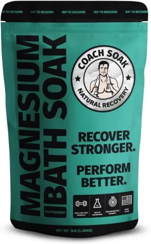 Coach Soak: Recovery Bath Soak - Fast-Absorbing Magnesium Flakes - Bath Salts with 21 Minerals & Essential Oils - Made in The USA with Dead Sea Salt, 3lbs (Cooling Peppermint)