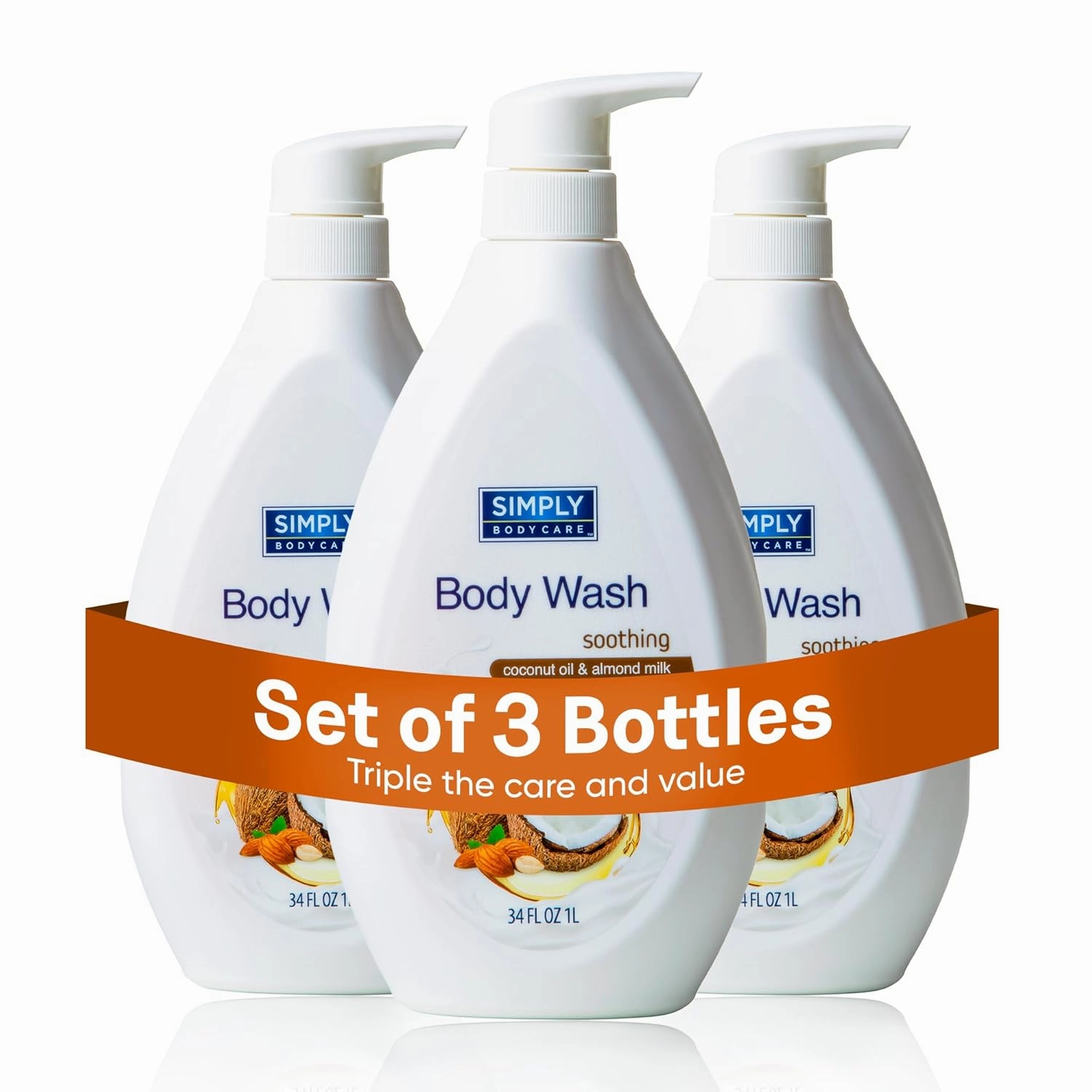 Coconut Oil & Almond Milk Natural Body Wash with Pump - Combats Odor & Promotes Hygiene - Ultimate Skin Cleanser - Long-Lasting Freshness - Daily Use - 34oz (Pack of 3)