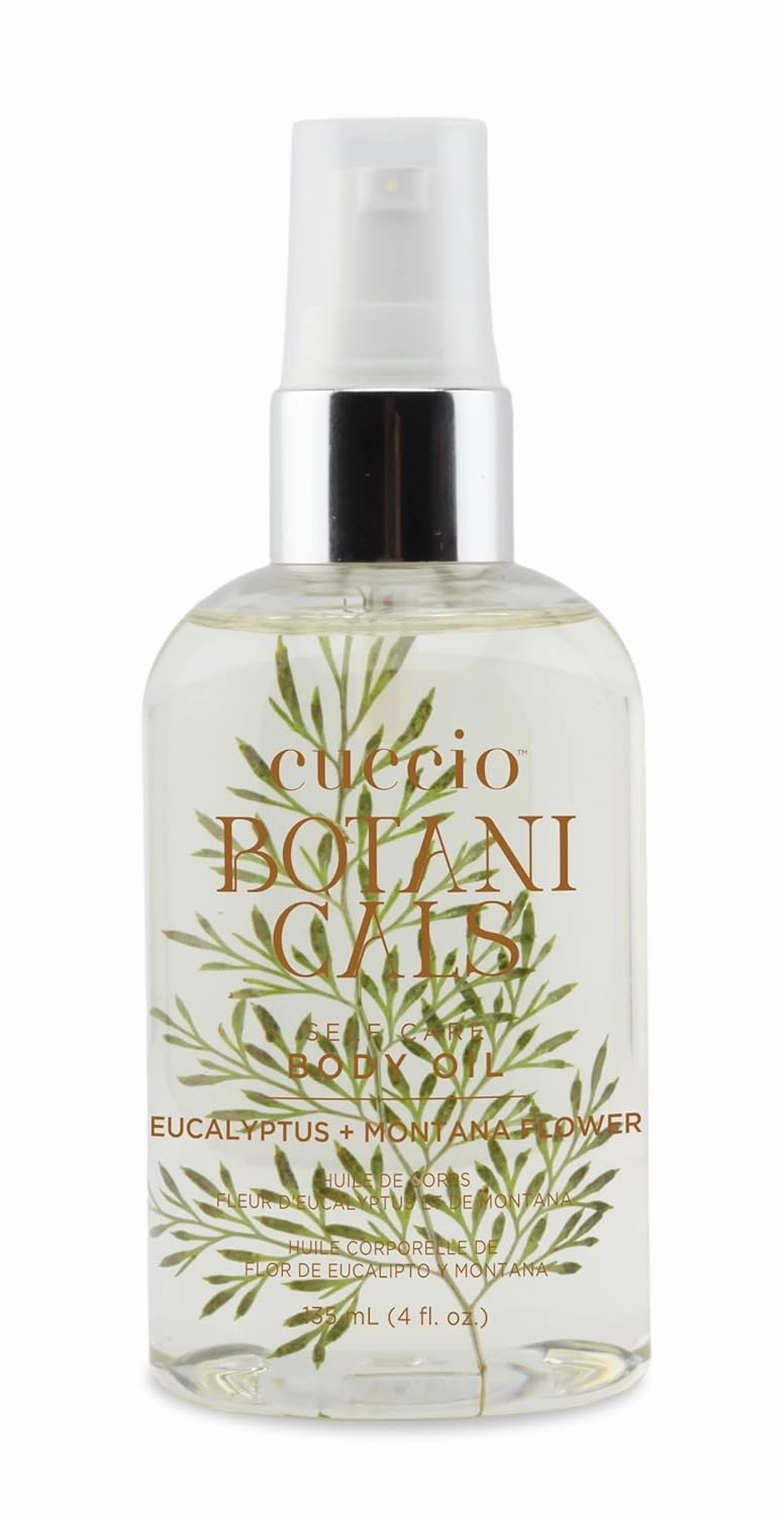 Cuccio Botanicals Eucalyptus & Montana Flower Body Oil - Soothing Hydrating Massage Oil for Skin Nourishment & Relaxation, 4 fl oz