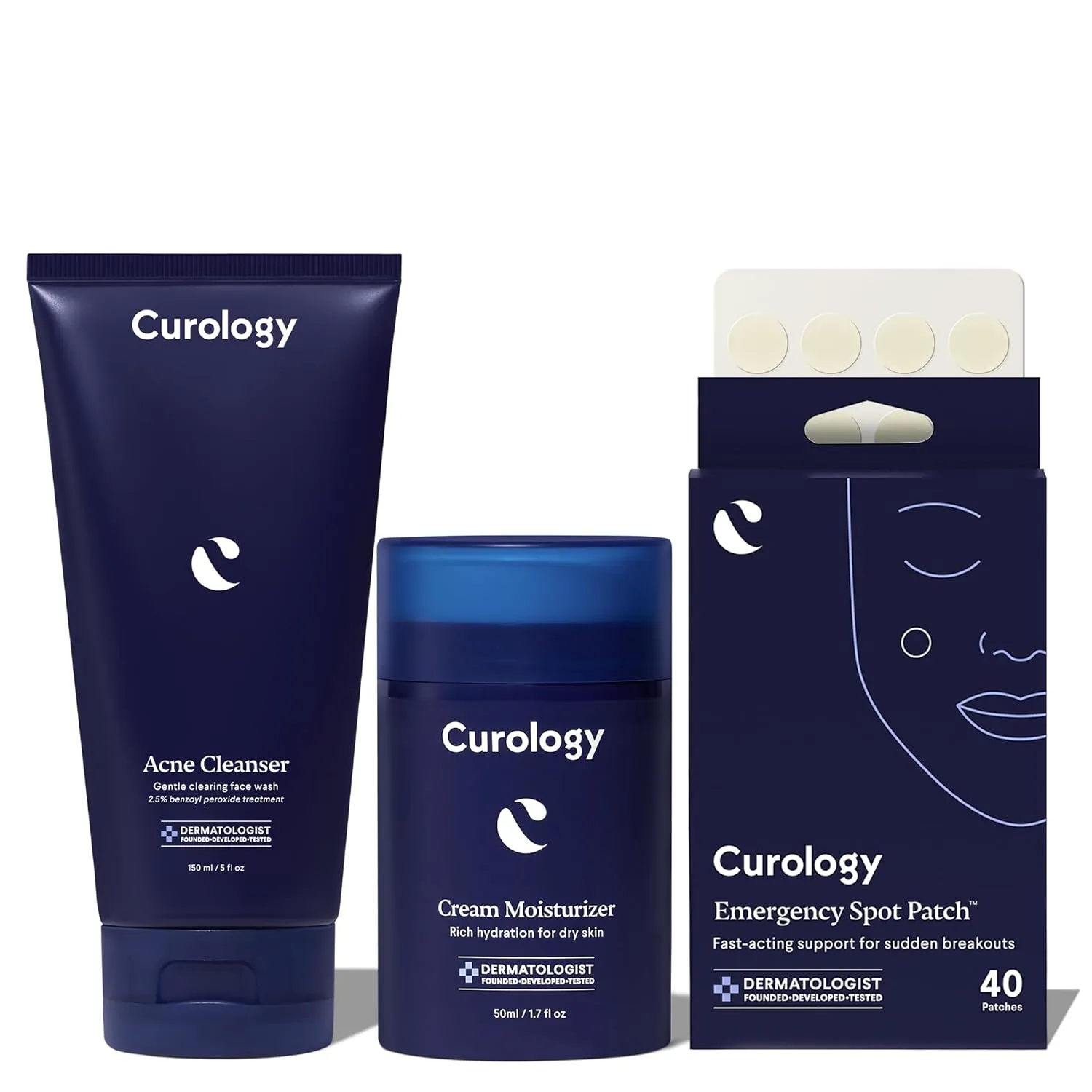 Curology Acne Skin Care Set, 40 ct Emergency Spot Pimple Patches, Acne Cleanser Face Wash with 2.5% Benzoyl Peroxide, and Cream Face Moisturizer