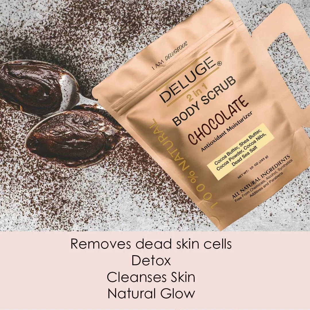 Deluge Chocolate Scrub for Cellulite and Stretch Marks, Body Exfoliant and Hydrating Cellulite Treatment with Shea Butter, Coconut Oil and Dead Sea Salt Firms, Tones and Moisturizes Skin (10 oz)