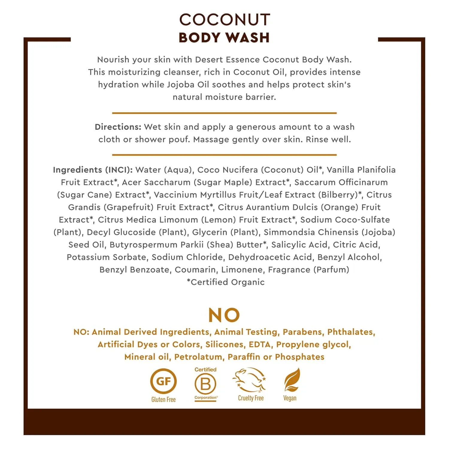 Desert Essence Coconut Body Wash Deep Hydration Infused with Moisture-Rich Botanicals Jojoba Oil, Organic Coconut & Shea Butter - Vegan, Gluten-Free, Cruelty-Free - 8oz (Pack of 2)