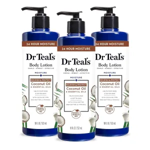 Dr Teal's 24 Hour Moisture  Body Lotion, Coconut Oil & Essential Oils, 18 fl oz (Pack of 3)