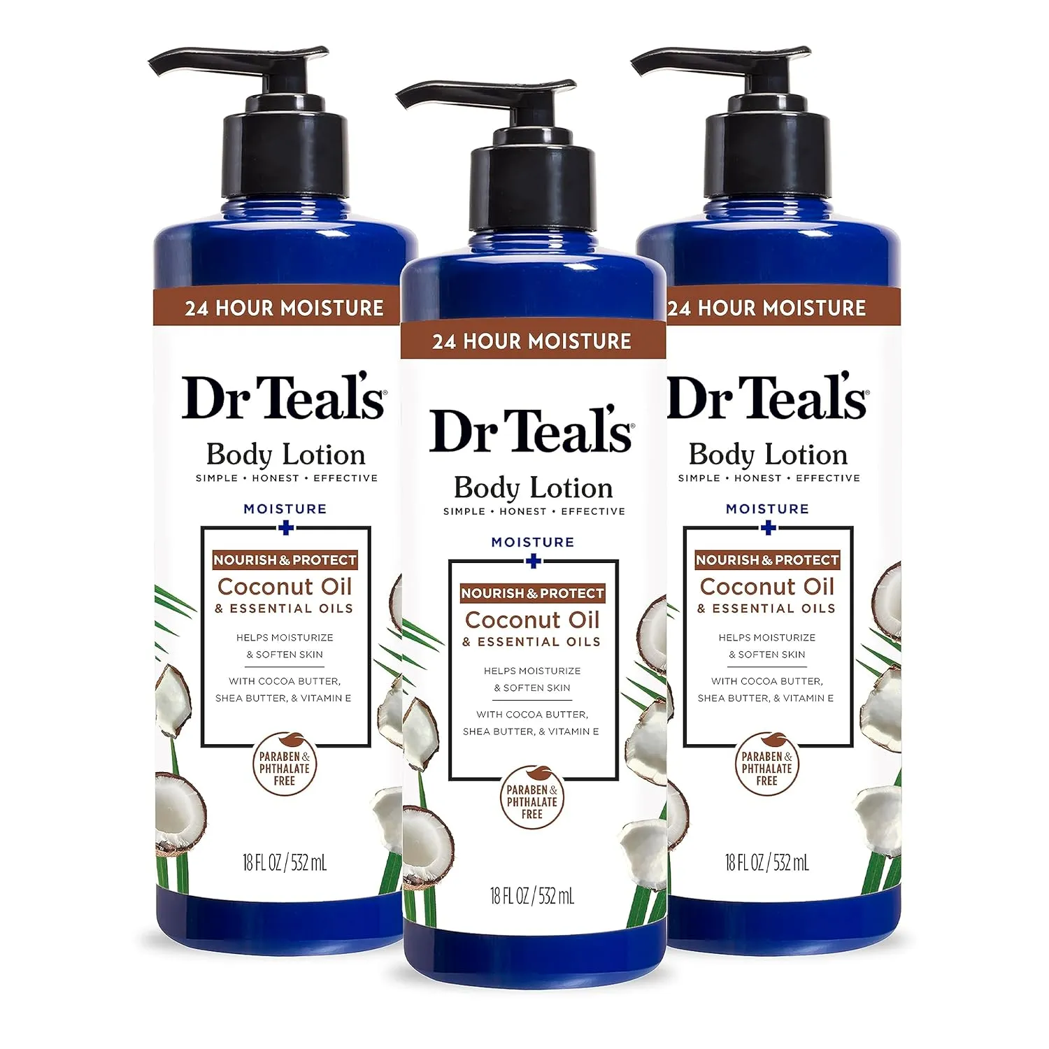 Dr Teal's 24 Hour Moisture  Body Lotion, Coconut Oil & Essential Oils, 18 fl oz (Pack of 3)
