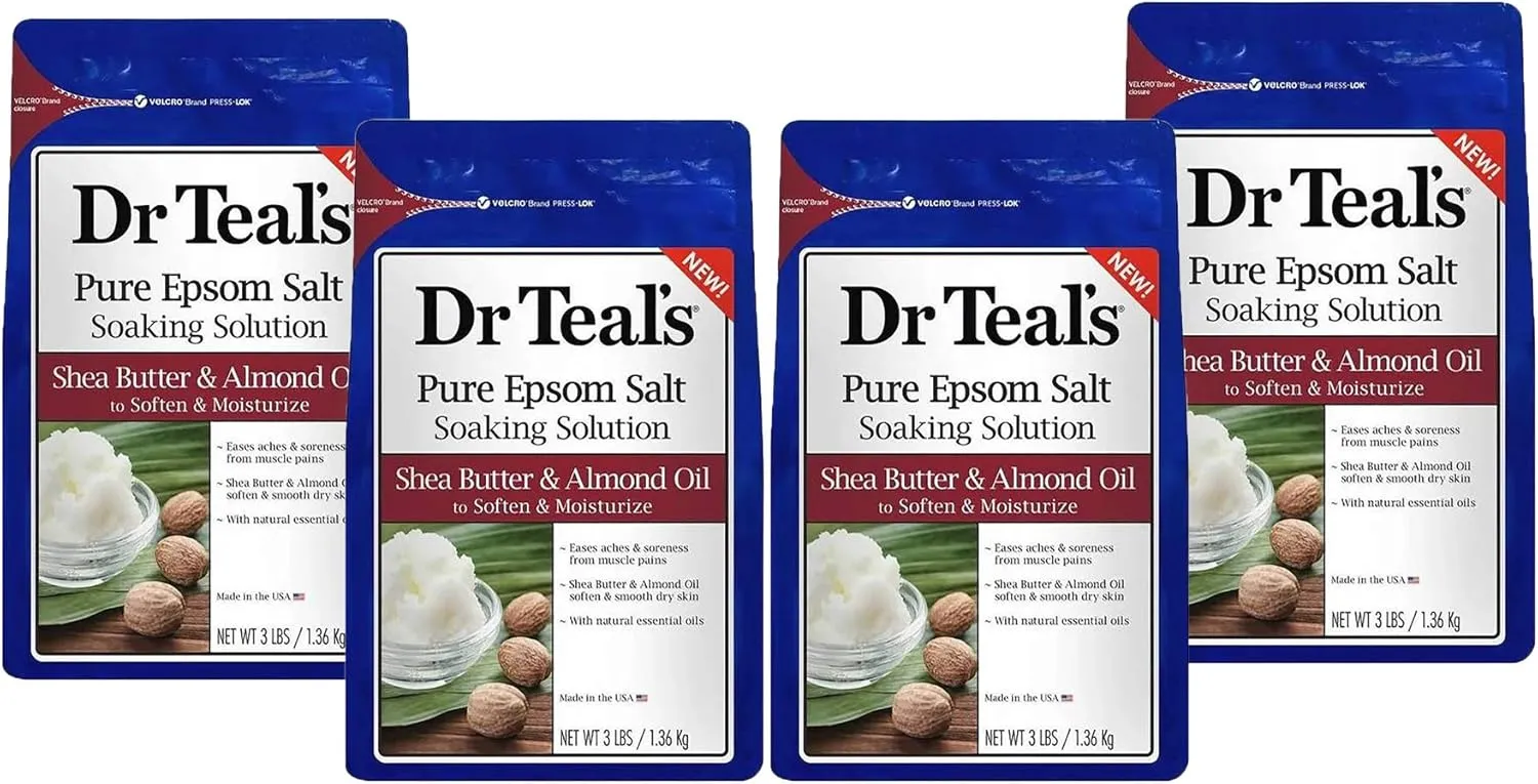 Dr. Teal's Shea Butter & Almond Oil Bath Soak Gift Set (4 Pack, 3lbs Ea.) - Soften and Moisturize Formula Blended with Pure Epsom Salt & Almond Oil - Treat Your Skin, Relieve Stress and Sore Muscles