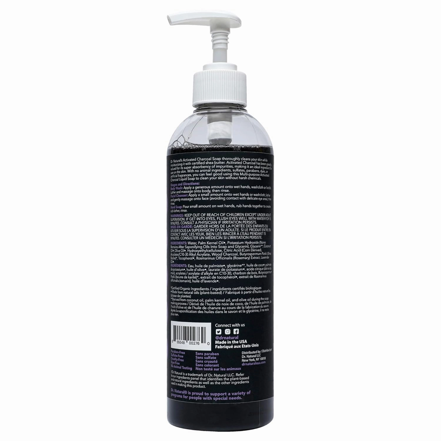 Dr. Natural Activated Charcoal Liquid Soap - Anti Acne and Blemishes - Deep Cleansing Body Wash - Gentle Body Soap for Clear Skin - Lavender - 16 oz (Pack of 2)