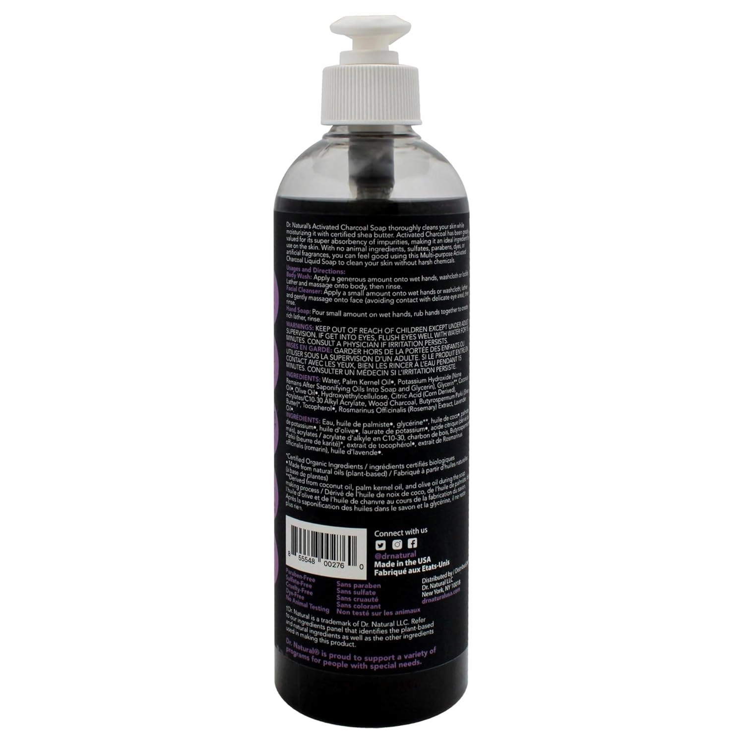Dr. Natural Activated Charcoal Liquid Soap - Anti Acne and Blemishes - Deep Cleansing Body Wash - Gentle Body Soap for Clear Skin - Lavender - 16 oz (Pack of 2)