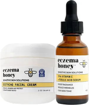 ECZEMA HONEY Soothing Facial Cream & 15% Vitamin C   Ferulic Acid Serum - Bundle for Sensitive & Dry Skin - Cruelty Free