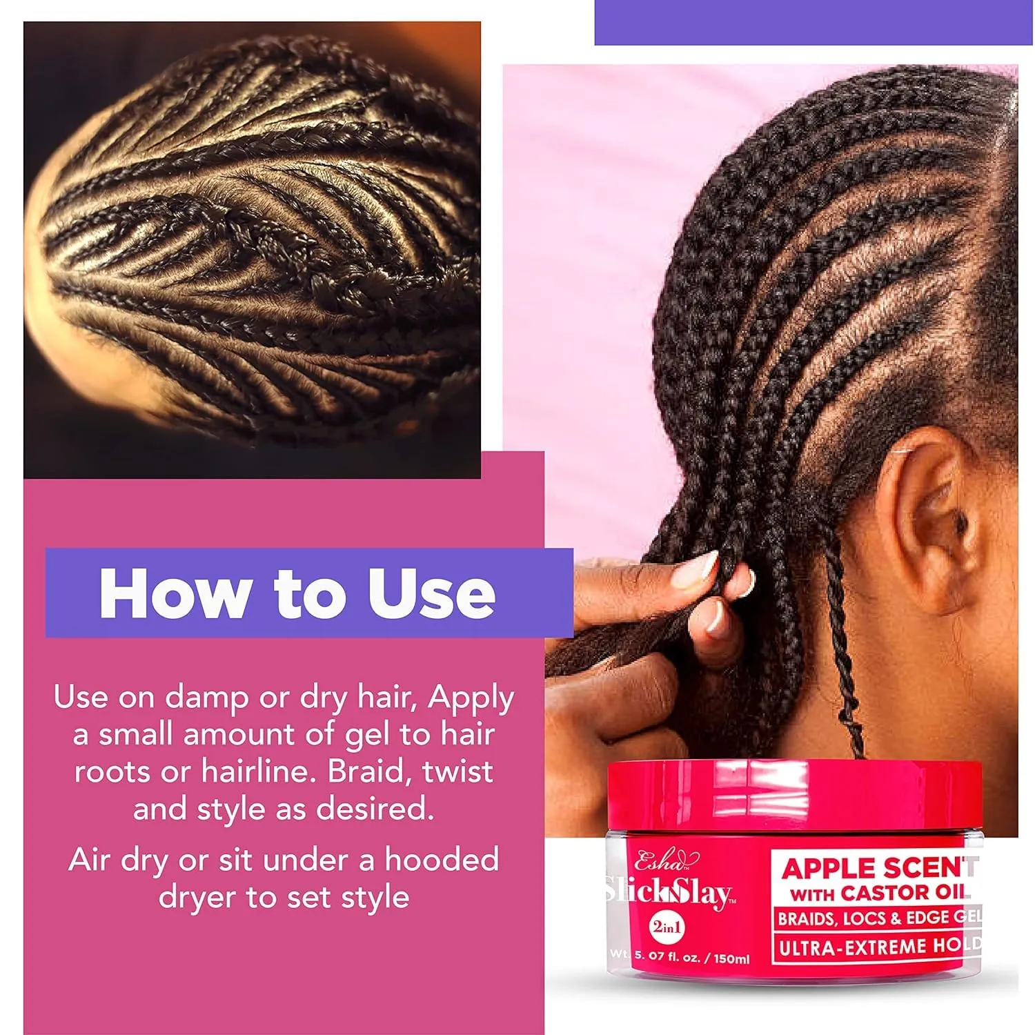 Esha Slick N Slay Braiding Gel - 3-in-1 Ultra Extreme Hold Hydrating and Conditioning Gel for Locs, Twists, Braids, and Edges (COCONUT, 17 oz.)