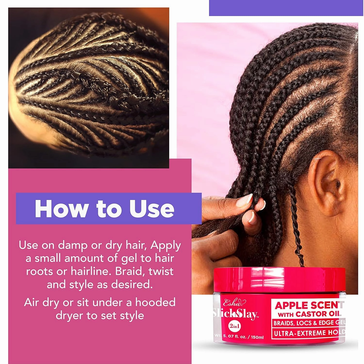 Esha Slick N Slay Braiding Gel - 3-in-1 Ultra Extreme Hold Hydrating and Conditioning Gel for Locs, Twists, Braids, and Edges (COCONUT, 17 oz.)