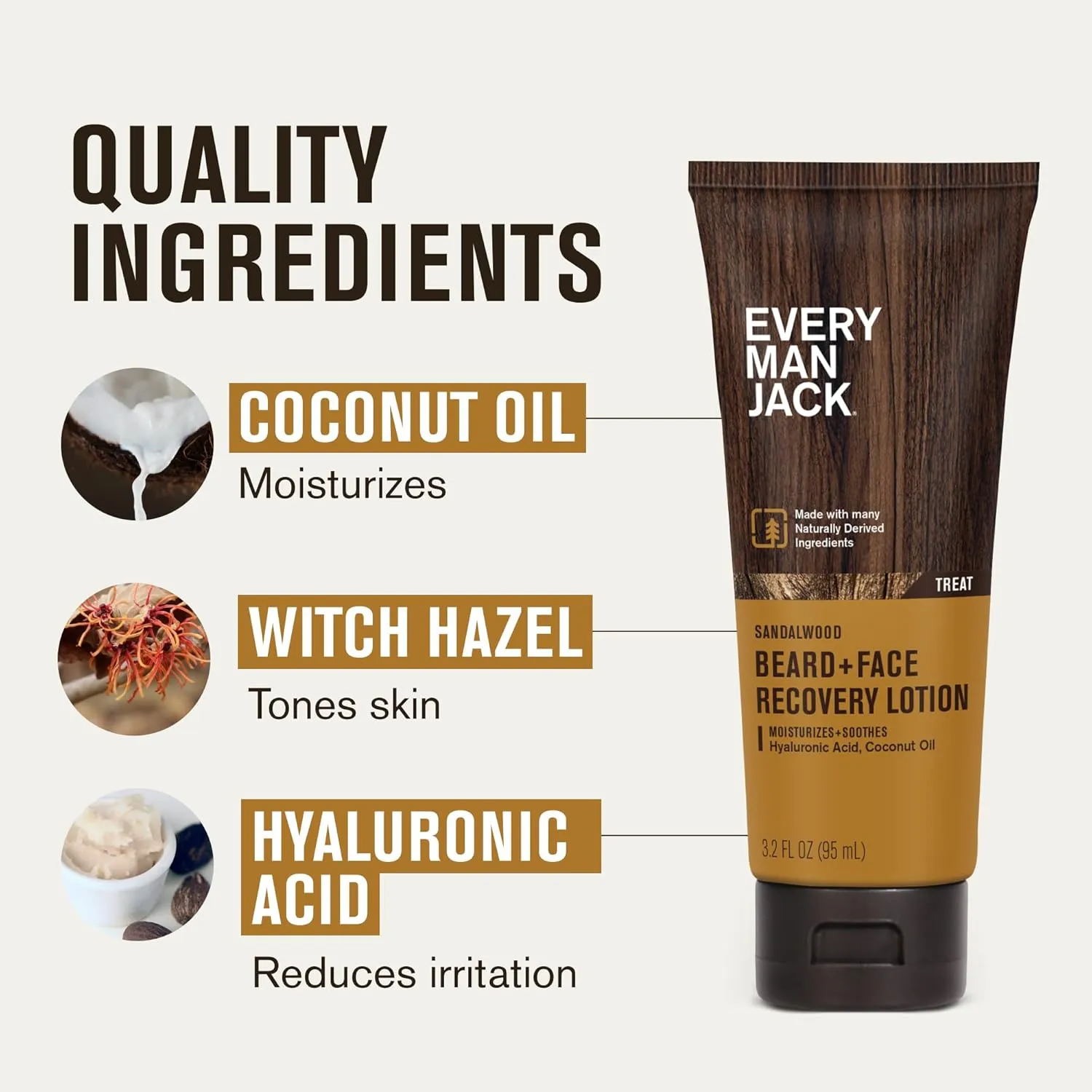 Every Man Jack Beard   Face Recovery Lotion-Moisturizes Relieves Dry Skin and Beard Itch - Light Sandalwood Scent-Made w/Naturally Derived Ingredients like Coconut Oil, and Witch Hazel-3.2oz(2 pack)