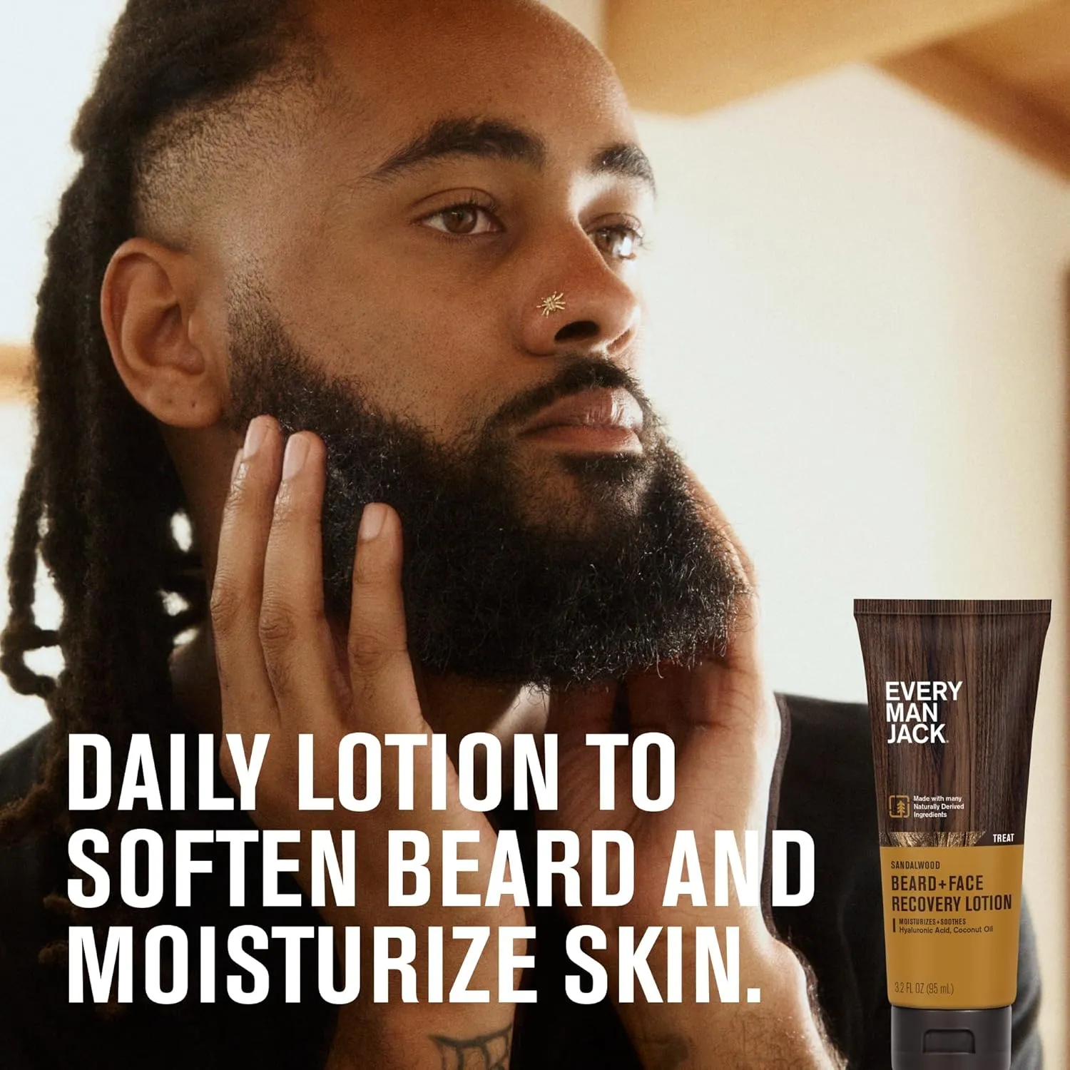 Every Man Jack Beard   Face Recovery Lotion-Moisturizes Relieves Dry Skin and Beard Itch - Light Sandalwood Scent-Made w/Naturally Derived Ingredients like Coconut Oil, and Witch Hazel-3.2oz(2 pack)