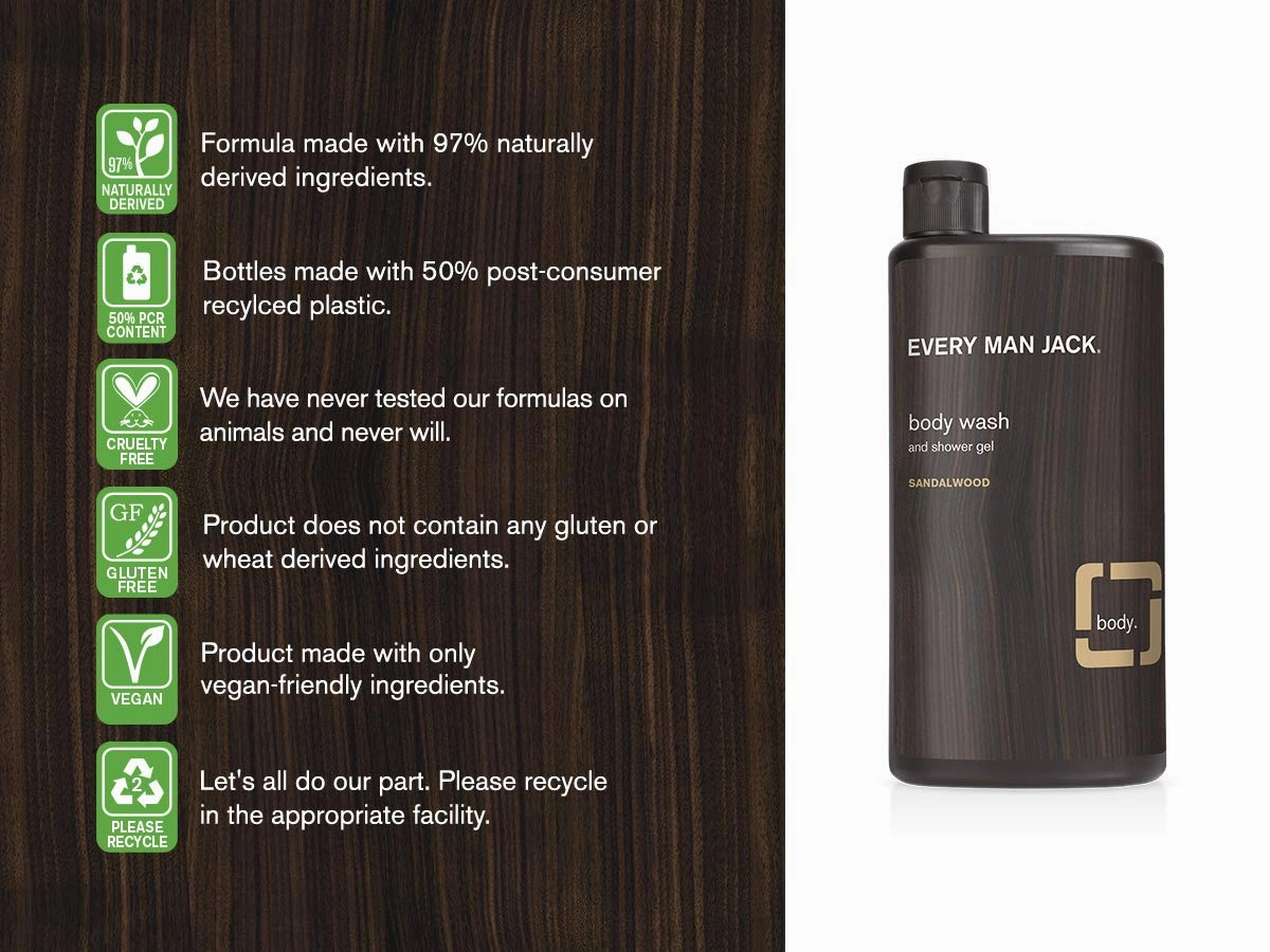 Every Man Jack Men's Body Wash, 16.9 Oz Twin Pack 2 Bottles Included, Naturally Derived, Parabens-free, Pthalate-free, Dye-free, and Certified Cruelty Free, Sandalwood, 33.8 Fl Oz