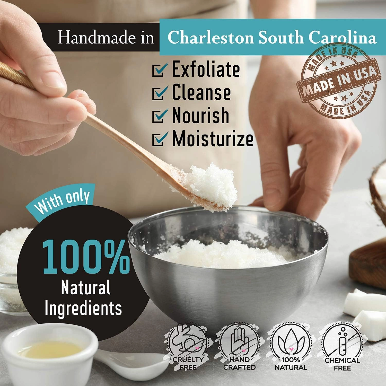 Exfoliating Body Scrub - Pure Dead Sea Salt Scrub for Hands and Body with Coconut, Hydrating Moisturizing Skin Care Gift Set with Wooden Bowl, 16 fl oz