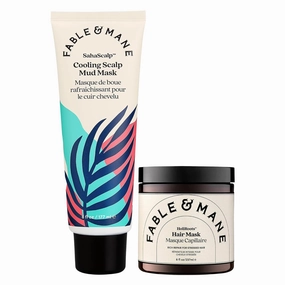 Fable & Mane Hydrating Hair Mask 8FL oz and Cooling Mud Scalp Mask 6FL oz Duo Hair Care Set. For Dry Damaged Hair and Itchy Scalp.