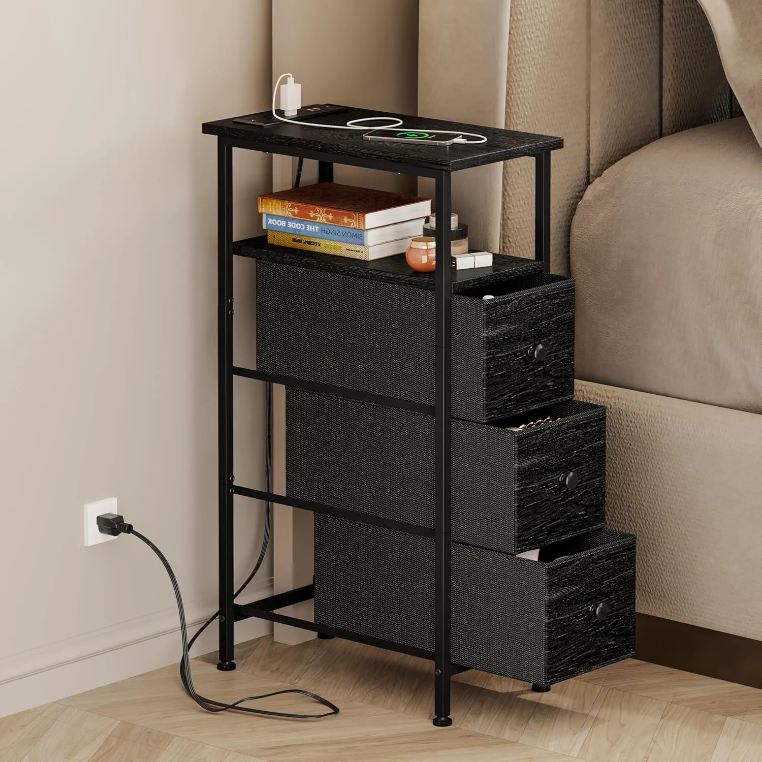 Fixwal Narrow Dresser with Charging Station, Tall Skinny Nightstand with 3 Fabric Drawers, Dorm Silm Bedside Table for Small Spaces Bathroom, Bedroom, Living Room, Laundry (Charcoal Black)