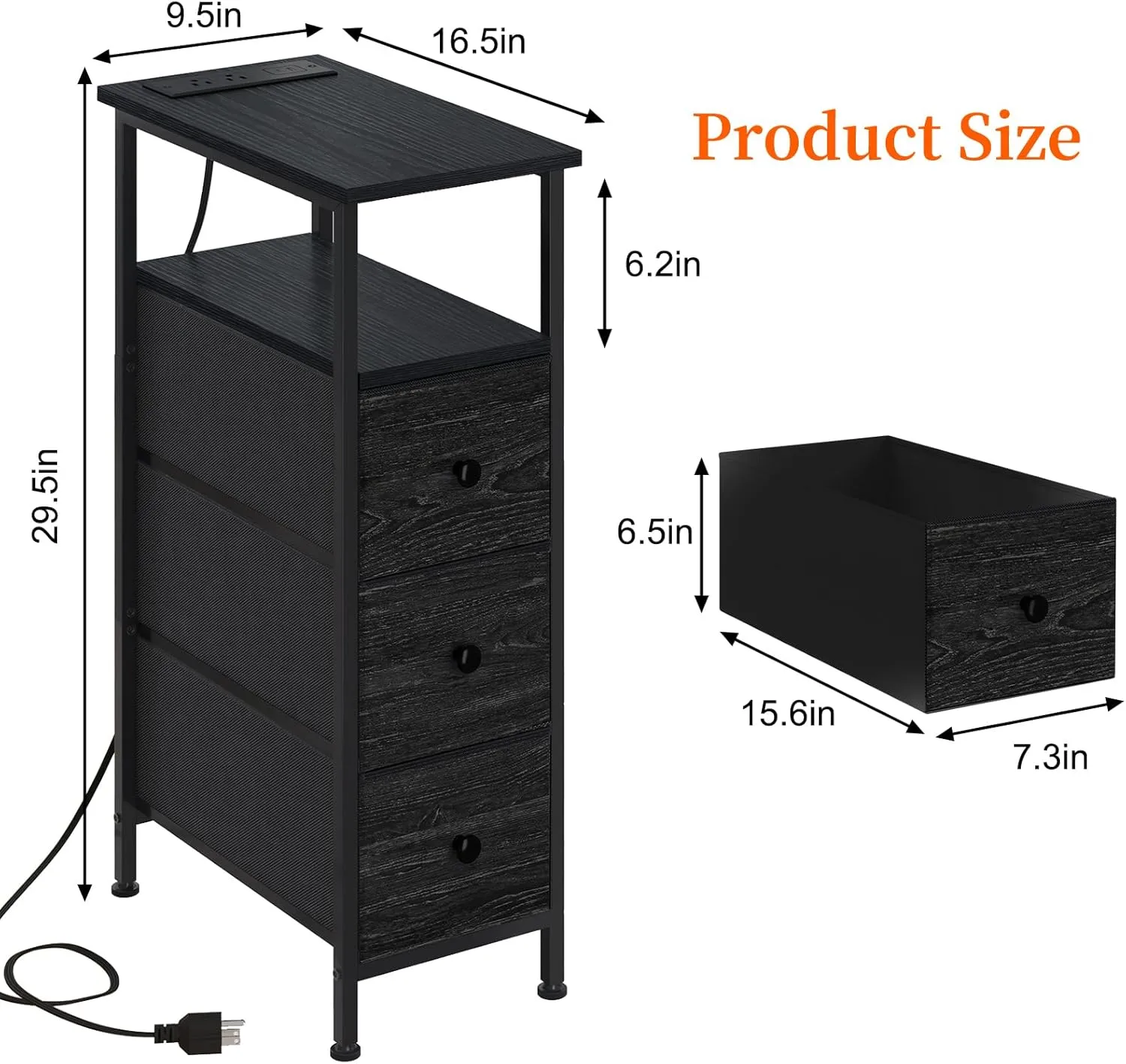 Fixwal Narrow Dresser with Charging Station, Tall Skinny Nightstand with 3 Fabric Drawers, Dorm Silm Bedside Table for Small Spaces Bathroom, Bedroom, Living Room, Laundry (Charcoal Black)