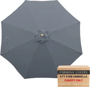 Formosa Covers - 9ft Market Patio Umbrella Replacement Canopy - 8 Ribs Top Canvas - 300D UV Protective and Water Resistant Umbrella Fabric - Premium Quality Replacement Canopy Cover ONLY (Charcoal Grey)