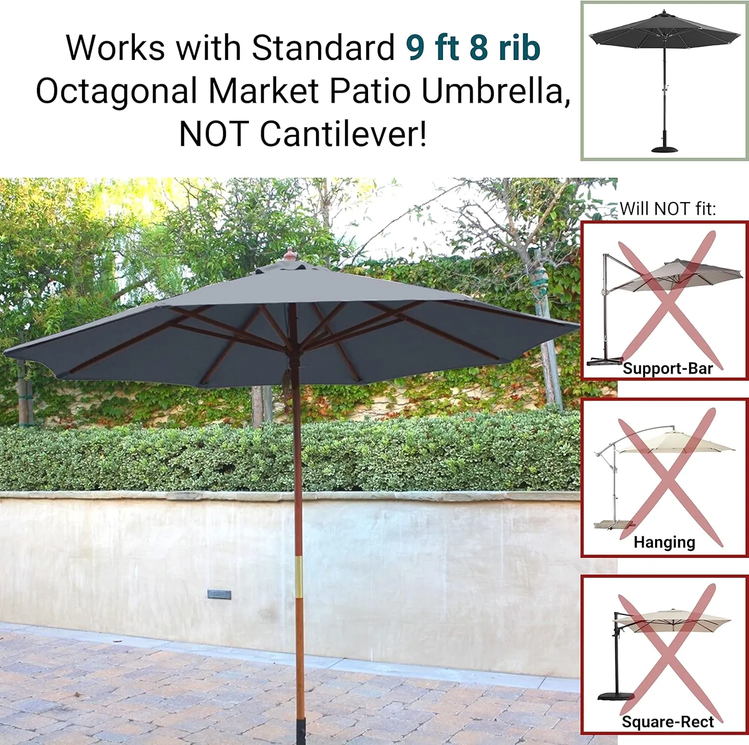 Formosa Covers - 9ft Market Patio Umbrella Replacement Canopy - 8 Ribs Top Canvas - 300D UV Protective and Water Resistant Umbrella Fabric - Premium Quality Replacement Canopy Cover ONLY (Charcoal Grey)