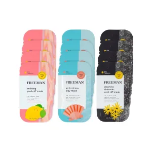 Freeman Facial Mask Variety 12 Count Bundle, Peel-Off & Clay Face Masks, Pore Clearing, Toning, Evening, & Calming Skincare, For All Skin Types, Travel Size Masks, 0.5 fl. oz./15 ml Sachets