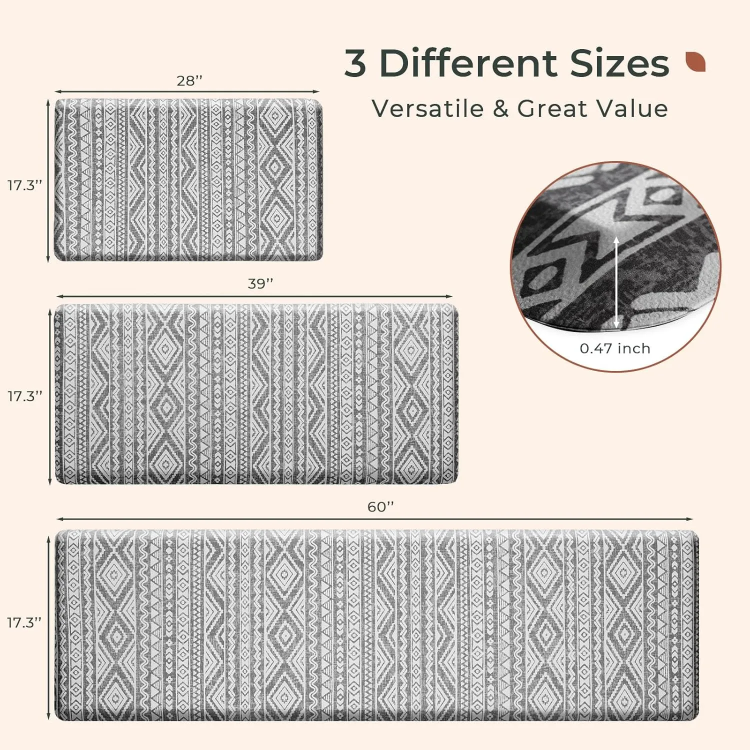 FRESHMINT Boho Kitchen Mat 0.47" Thick Anti-Fatigue Cushioned Kitchen Mats 17.3"x60" for Floor, Long Waterproof Non Slip Comfort Standing Mat Kitchen Rug for Kitchen Decor Sink Office, Charcoal Gray