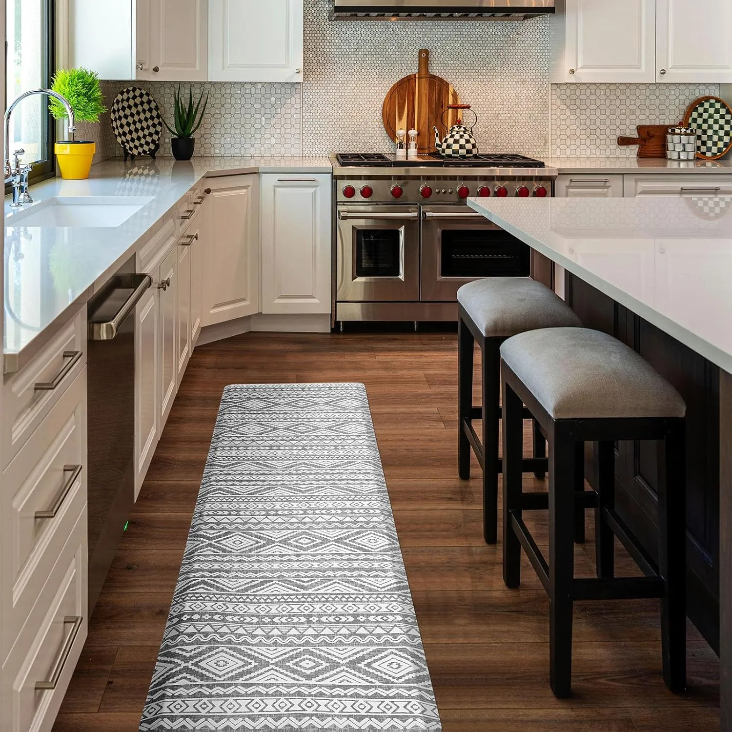 FRESHMINT Boho Kitchen Mat 0.47" Thick Anti-Fatigue Cushioned Kitchen Mats 17.3"x60" for Floor, Long Waterproof Non Slip Comfort Standing Mat Kitchen Rug for Kitchen Decor Sink Office, Charcoal Gray