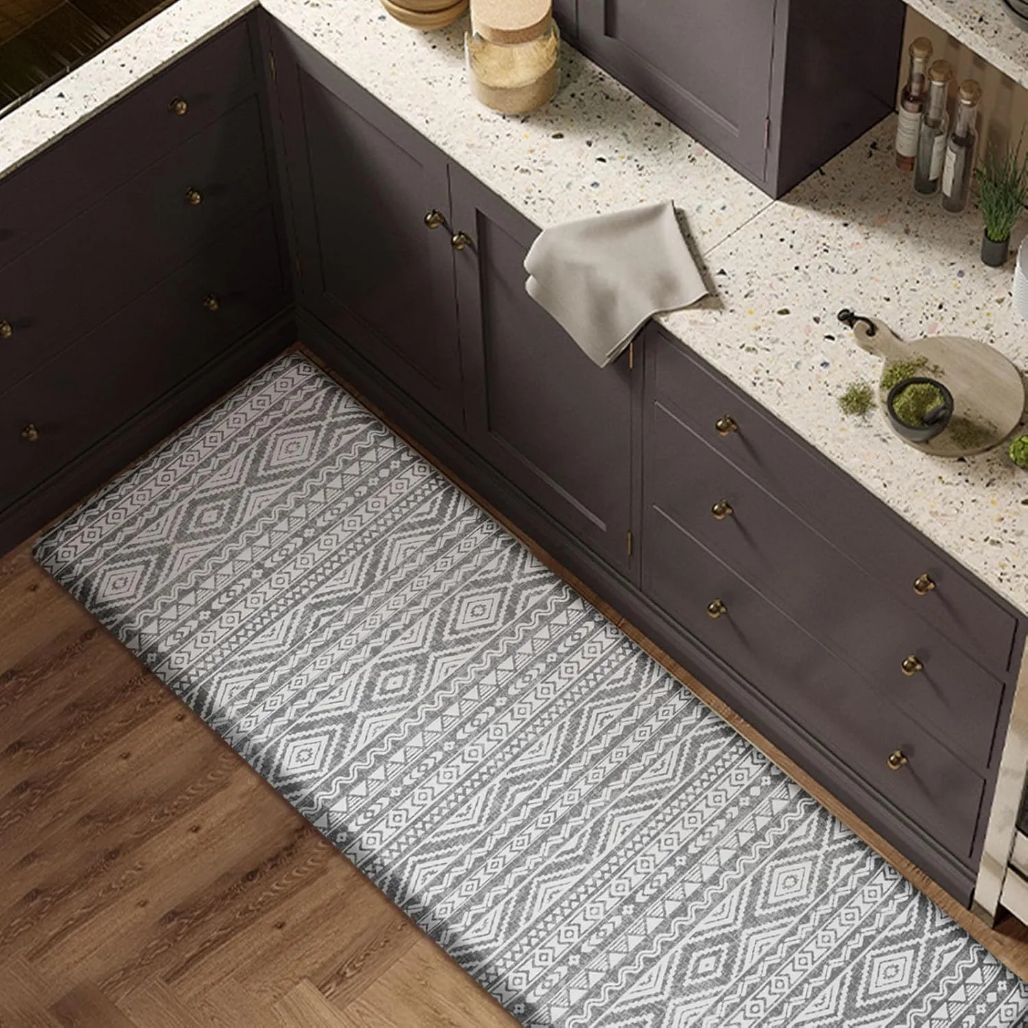 FRESHMINT Boho Kitchen Mat 0.47" Thick Anti-Fatigue Cushioned Kitchen Mats 17.3"x60" for Floor, Long Waterproof Non Slip Comfort Standing Mat Kitchen Rug for Kitchen Decor Sink Office, Charcoal Gray