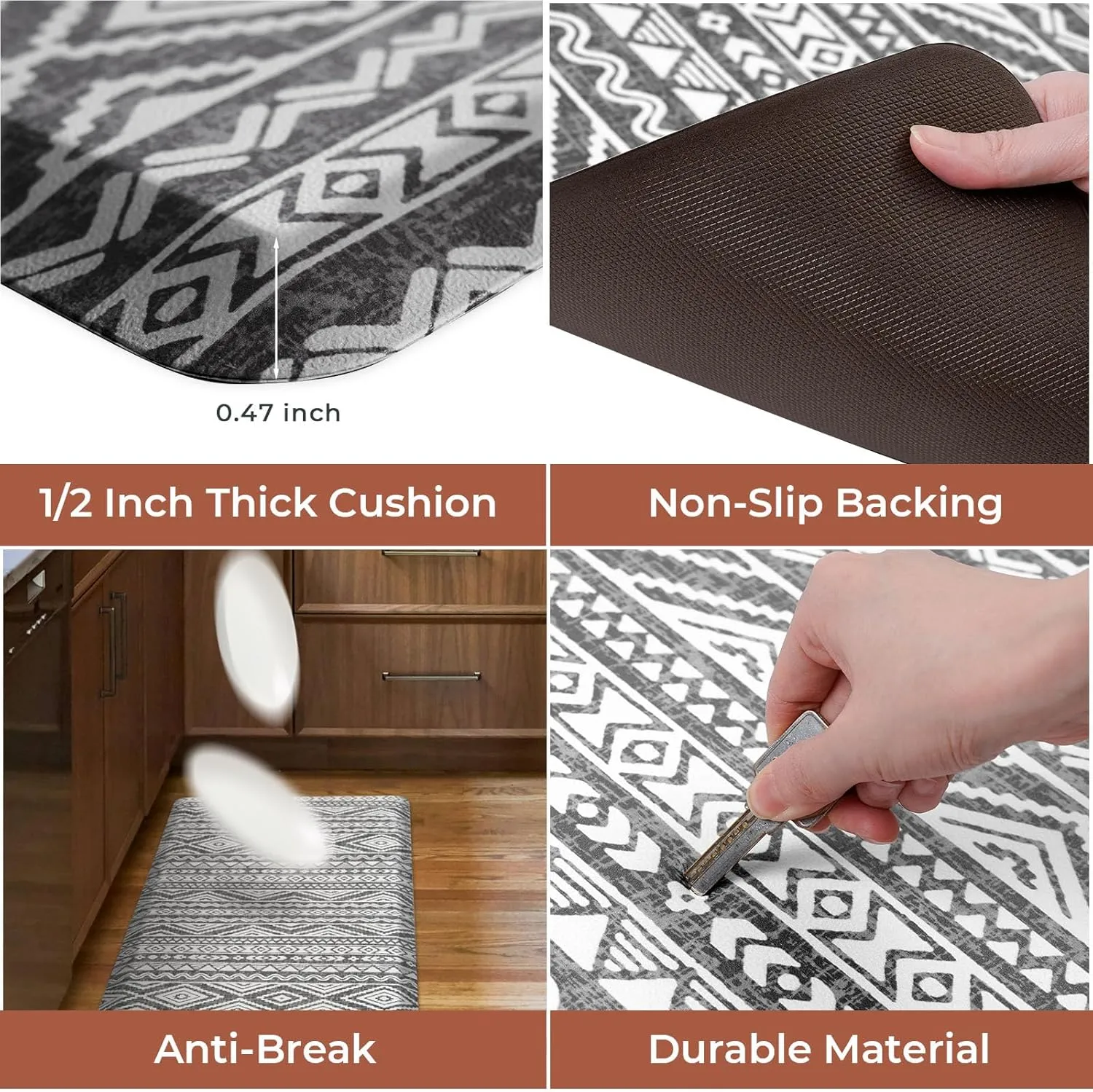 FRESHMINT Boho Kitchen Mat 0.47" Thick Anti-Fatigue Cushioned Kitchen Mats 17.3"x60" for Floor, Long Waterproof Non Slip Comfort Standing Mat Kitchen Rug for Kitchen Decor Sink Office, Charcoal Gray