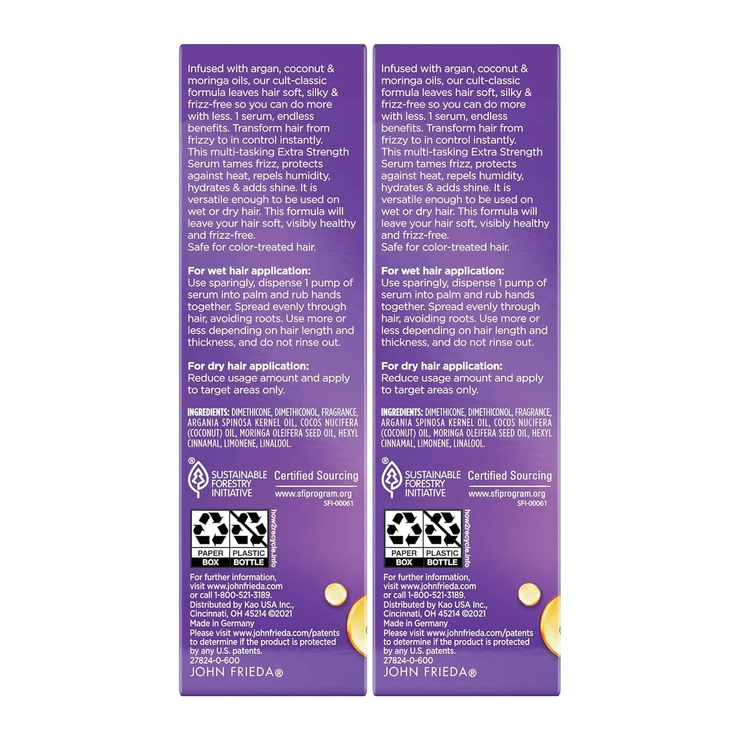 Generic John-Frieda's Anti Frizz, Frizz Ease Extra Strength Hair Serum with Argan Oil, Anti-Frizz Nourishing Treatment for Thick, Coarse Hair, 1.69 Ounce (2 Pack), Purple