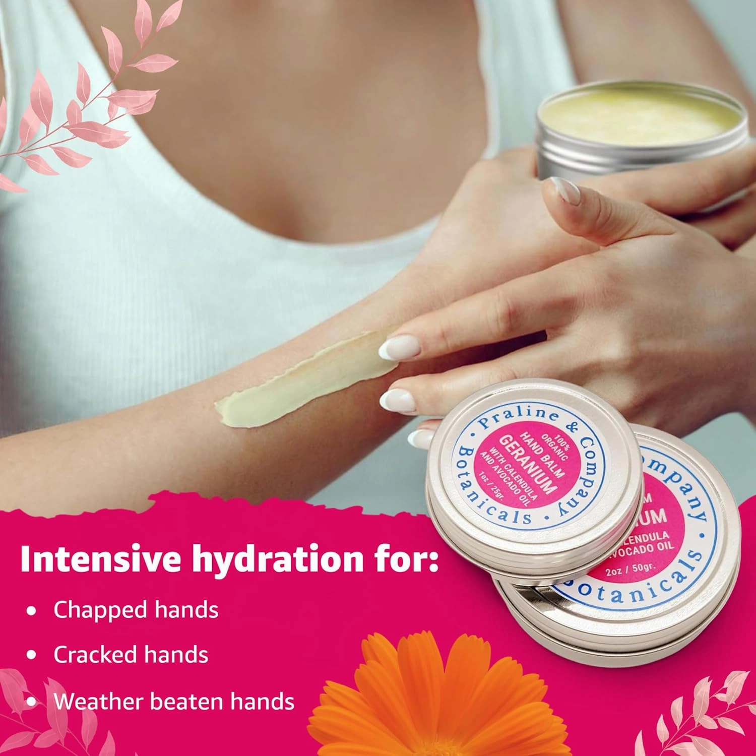 Geranium Hand Balm - Hydrating Hand Moisturizer for Chapped, Dry Hands - Organic & Plant-Based Hand Care - Handmade Salve Ointment with Palmarosa, Sage, Calendula Flowers & Avocado Oil - 2oz
